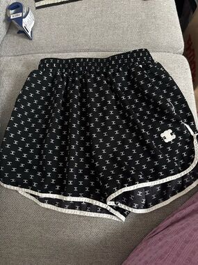 Celine Black Athletic Shorts with White Trim and Logo Print